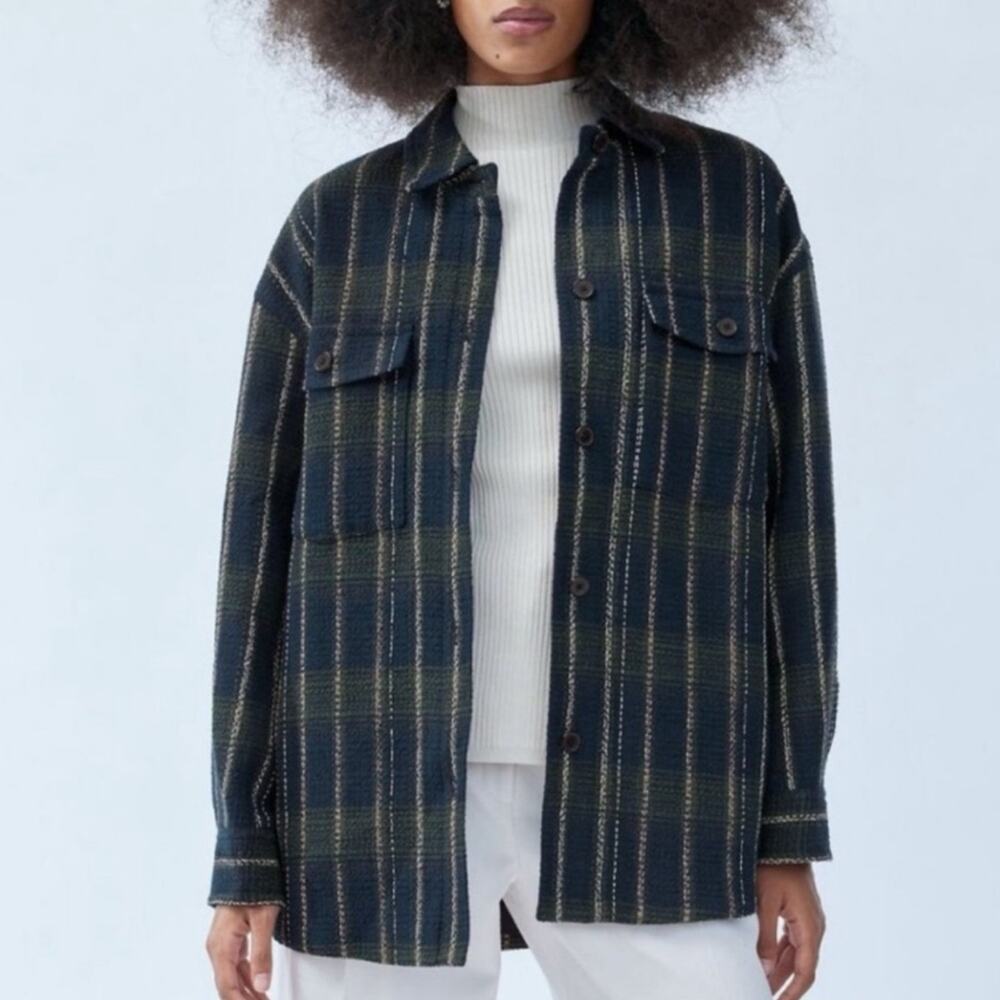 Aritzia Babaton Joan Navy Blue Ivy Green Cotton Linen Plaid Shirt Jacket 3 L/XL